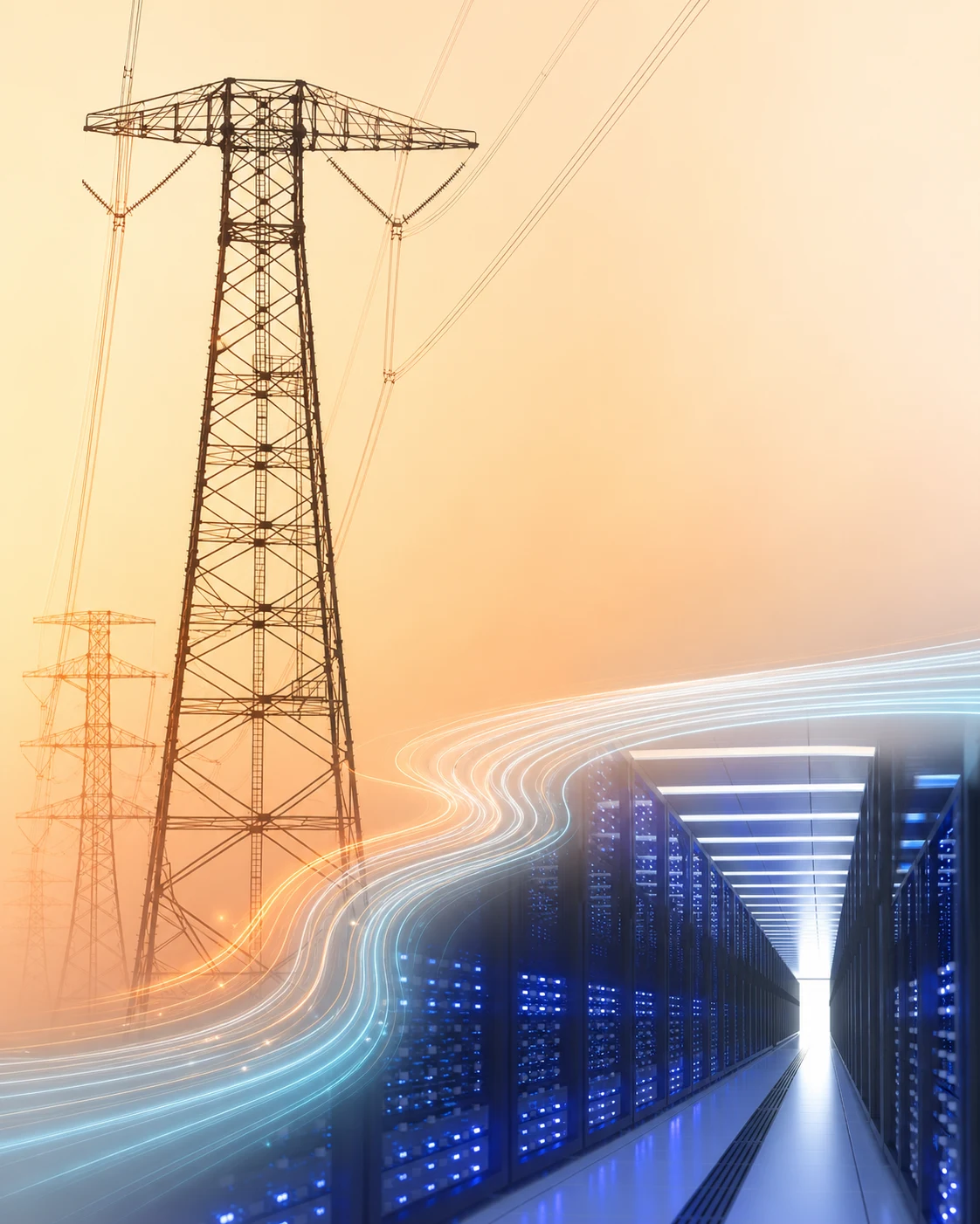 Transmission towers flowing into an illuminated data center